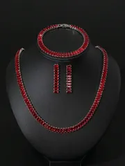 ジュエリー レディース セット 立方ジルコニア 赤 ネックレス、ブレスレット、ピアスセット3点入り、レディース デイリーウェアやパーティーに、ギフトにも適しています