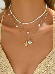 ジュエリー レディース ネックレス セット 3個セット フェイクパール、タッセル、石、貝殻ペンダント ゴールドチェーンネックレス レディース、マルチレイヤー チョーカー、カジュアル、ビーチ、デイリーウェアに適してい