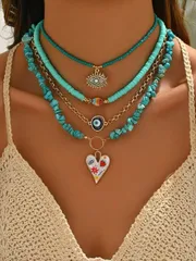 ジュエリー レディース ネックレス セット 4個セット ターコイズビーズネックレス ファッションパール、目、魚、ハート形ペンダント付き、女性の日常的な装いやバレンタイン、旅行に適しています