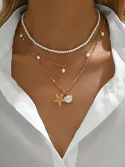 ジュエリー レディース ネックレス セット 3個セット フェイクパール タッセル、ヒトデ&貝飾りビーズネックレスセット、多層チョーカーネックレス、カジュアルウェアや夏のビーチに適しています