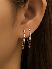 ジュエリー レディース イヤーアクセサリー 1ペア 925スターリングシルバー シンプル 非対称 スタッズ 18Kゴールドメッキ ダブルスタッズ チェーン付きタッセル ピアス レディース 日常/ウェディング/パーテ