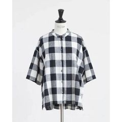 美品】DANTON コットンリネン バンドカラー チェック シャツ 半袖 38