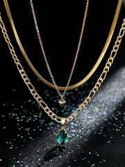 ジュエリー メンズ ネックレス セット 3点セット ヴィンテージ風エメラルドグリーン多重ネックレス、ステンレススチールチェーン ハート型デコレーション バレンタイン