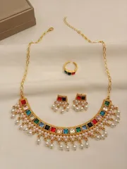 ジュエリー レディース セット 女性用ヴィンテージ調ブロンズアロイゴールドメッキラインストーン付き偽真珠タッセルピアス、リング、ネックレスジュエリーセット、日常着やホリデーギフトに