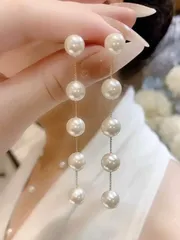 ジュエリー レディース イヤーアクセサリー  女性用エレガントなパールチェーンドロップピアス1組、フェイクパールリニアピアス、パールタッセルダングルピアス、2通りの着用方法にデザインされたピアス、パールスタッドピア