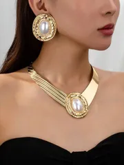 ジュエリー レディース セット 1セット 豪華 押し付けがましいデザイン クリエイティブ メタル製 大粒パール スタッドピアス、パールネックレス、レディースジュエリーセット - ホリデーギフト