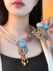 ジュエリー レディース セット 1セット ビンテージ風 極端なネジ貝パール ネックレス&ピアスセット、女性のランウェイ&ファッションショーのジュエリーに最適