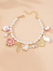 ジュエリー レディース ブレスレット 1個 ハンドメイド セラミック リボンとハートのチャームブレスレット、フェイクパールビーズストランド、基本デザインビーズチャームブレスレット レディース (色とデザインは若干異