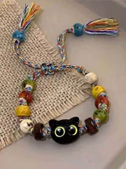 ジュエリー レディース ブレスレット 1個 女性用ファッショナブルでエレガントな新中国風 多用途 黒猫 編み込み タッセル ガラスビーズブレスレット、デイリーウェアに適しています