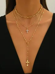 ジュエリー レディース ネックレス ゴールドメタルチェーンネックレス クロスペンダント 3点セット、ミニマリストチョーカーネックレス、レディース、デイリーウェア、撮影に適しています