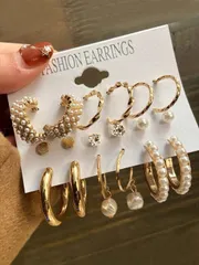 ジュエリー レディース イヤーアクセサリー セット ファッショナブル 模造真珠ウーマンピアスセット9ペア。エレガント ピアスセット。ラインストーンピアス、模造真珠ピアス、創造的なフレンチレトロピアス、非対称模造真珠