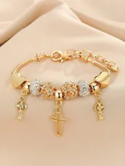 ジュエリー レディース ブレスレット 1個 ヨーロッパ・アメリカンスタイル ハート、クロス、フローラルビーズブレスレット、女性の洗練されたクロスペンダントブレスレット