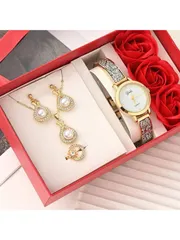 腕時計 レディース セット 5点セット バラの花時計ギフトボックス、ティアドロップネックレス、ピアス、クリスタルリングバレンタイン付き