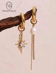 ジュエリー レディース イヤーアクセサリー 2個 非対称フェイクパール&ジルコニア八角スターチェーンステンレススチール独創的なピアス、ヨーロッパ&アメリカンスタイル