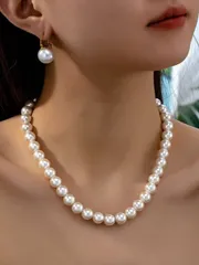 ジュエリー レディース セット 3点セット エレガントネックレス、純白光沢仕上げ、ブライダル ウェディング アクセサリー、ネックレス&イヤリングセット、ラグジュアリーバケーションスタイル、デイリー使い