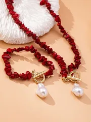 ジュエリー レディース セット ターコイズ フラグメントと模造バロック真珠の女性用ジュエリーセット。アクセサリー2点セット(ネックレスとブレスレット)。日常着用に適しています。