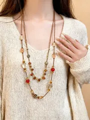 ジュエリー レディース ネックレス 1個 エレガントなヴィンテージ多用途 二重レイヤー ウォータードロップ フラワー ビーズネックレス、ビーチ、パーティー、バカンスなどで女性が着用に適しています