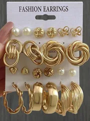 ジュエリー レディース イヤーアクセサリー セット  創造的なファッションピアスセット 11ペア、フェイクパール合金ピアス、アンティークドーナツリングピアス、バタフライピアス、シェイプパールピアス、幾何学模様ピアス