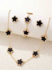 Ladies' Jewelry Set - 4-Piece Set: Glitter Clover Jewelry Set with Diamond Encrusted Black Flower Necklace, Bracelet, and Earrings - Perfect for Everyday Wear or as a Holiday Gift.