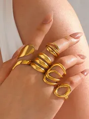リング レディース セット 5個セット ステンレススチール 18Kゴールドメッキ 極厚ライン オープンリング、女性の日常着用に適しています