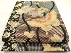 平和屋着物◎六通柄袋帯　立涌花鳥文　黒地　金糸　正絹　逸品　DABE8244xg