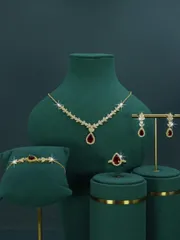 ジュエリー レディース セット 5点セット ゴールドメッキ ブライダルウェディングジュエリー、手作り レッド&グリーンキュービックジルコニア、ネックレス、ブレスレット、ピアス、リング含む、日常着用やウェディングセレ