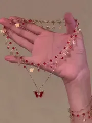 ジュエリー レディース ネックレス セット 1セット ロマンチックな赤蝶々多層ネックレス、チョーカーとブレスレットのジュエリーセット、ファッションで多用途