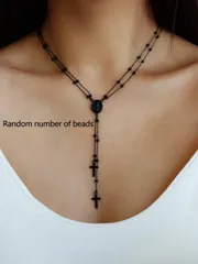 ジュエリー レディース ネックレス 十字架とイエス・キリストのチャーム 字型 黒ビーズネックレス、女性の信仰、祈り、パーティー、デイリーウェアに適しています (ビーズ数はランダム)