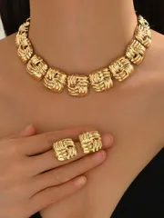 ジュエリー レディース セット 1セット ファッション万能幾何学模様ニットボタンネックレス&ピアスジュエリーセット、カジュアル デイリー パーティー アクセサリー 女性へのプレゼント