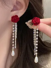ジュエリー レディース イヤーアクセサリー レトロな赤いツバキのピアス 1ペア、フレンチスタイル フェイクパール ロングタッセル スーパーフェアリー ピアス、友達への贈り物