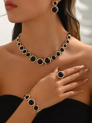 Women's Jewelry Set: Retro Geometric Circle Jewelry Set (4 pieces) - Necklace, Bracelet, Earrings, Ring - Classic Black Acrylic Semicircle Decoration - Fashionable and Elegant for Women, Party Jewelry