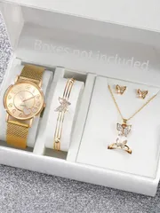 腕時計 レディース セット プラスチックメッシュバンド心臓の数字ダイヤル クォーツ腕時計6個セット + バタフライラインストーンジュエリーセット(時計ボックス別売)