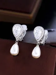 ジュエリー レディース イヤーアクセサリー  ウィメンズ エレガントパール ロングピアス クリップオン 1ペア シルバープレート キュービックジルコニア ブライダル ジュエリー 結婚式 婚約式 晩餐会 パーティー