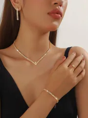 ジュエリー レディース セット 5点セット：豪華でエレガントな輝くジルコニアが全面に敷き詰められたブライダルウェディングジュエリーセット。ネックレス付き。女性のファッションパーティーやフェスティバルアクセサリーに最