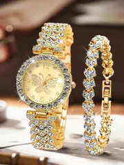 腕時計 レディース セット 2個セット エレガントクリスタル腕時計&ジュエリーブレスレット、高級フルダイヤモンド レディース クォーツ腕時計、フェスティバル、パーティー、結婚式、集まりや日常着用に適し、女性への最高