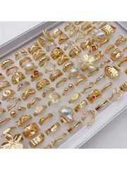 リング レディース セット 20個入り 誇張されたフラワー非対称形状 合金製 レディースリングセット、ヴィンテージエレガントな人工真珠 ミックススタイル オープンリング パーティー 結婚式 デイリー 指アクセサリー