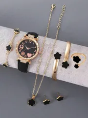 腕時計 レディース セット 6個 エレガントでファッショナブルな黒い星空数字クォーツ腕時計と6個のラッキーフラワーネックレス ブレスレット リング ピアスアクセサリーセット、母の日、バレンタインデー、イースターのギ