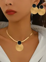 ジュエリー レディース セット 3点セット 新作エレガントネックレス+ピアスジュエリー、ファッショナブルなゴールドフラットスネークチェーン、幾何学的ならせん&丸型ペンダントデザイン、チョーカーネックレス、デイリー着