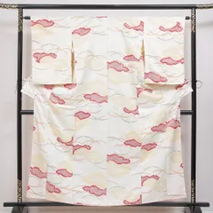 小紋 袷 身丈153cm 裄丈63cm 正絹 Aランク インフォーマル 広衿 Sサイズ 雲取り 古典的 個性的 クリーム系 RP 1221-16244