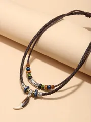 ジュエリー メンズ ネックレス 1個 メンズ伝統的な幾何学模様の多層ビーズネックレス、サメの歯のデザイン