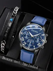 腕時計 メンズ クォーツ 2個セット メンズ ブルー PUレザーストラップ ファッショナブルカジュアル クラシック レトロ ミックススケール ジェネバ 円形ダイヤル クォーツ 腕時計 チェーンブレスレット デイリー