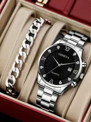 腕時計 メンズ セット 2個セット メンズ シルバートーン バンド クォーツ 腕時計 & ブレスレット ジュエリーセット、ファッション カジュアル ミニマリスト、ラインストーンマーカーとカレンダー機能付き、デイリー