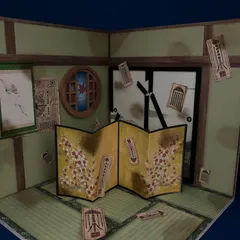 【破られた金屏風の間 ― 呪符の和室】背景ボード　ディスプレイ　ミニチュア　完成品　ドールハウス　1/12 撮影背景　ハンドメイド　ホラー　呪い