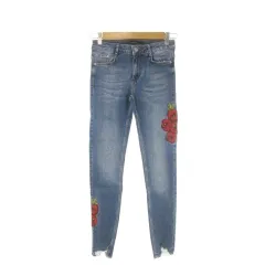 ザラ トラファルック ZARA Trafaluc denimwear スキニーデニム ジーンズ 34 青 ブルー インディゴ 花柄刺繍 切りっぱなし裾 /CK48 ■GY58
