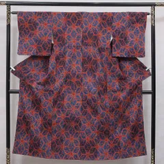 小紋 袷 身丈149cm 裄丈62cm 正絹 Sランク インフォーマル 広衿 XSサイズ 麻の葉 独創的 大胆 青系 RP 1221-16740