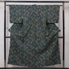 アンティーク 紬 袷 身丈154cm 裄丈60cm 正絹 Aランク バチ衿 Sサイズ 創作柄 ポップ 遊び心 緑系 RP 1223-16757