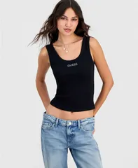 【送料無料】 ゲス レディース タンクトップ トップス Womens Crystal Logo Ribbed Cropped Tank Top Jet Black A996のサムネイル