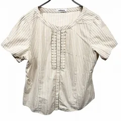 【中古】[印象A] NEWYORKER ニューヨーカー ノーカラーシャツ レディース LL XL (13) ベージュ ベージュ×白 綿100% ストライプ 半袖 胸に飾りプリーツ 古着のサムネイル