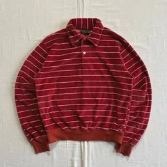 90s　vintage　BAY １Ltd　MADE IN CALIFORNIA　レッド×ホワイト　ボーダー柄ベロアカットソー　短丈スウェット　ポロネック　Y2K　C-BOY　stripe pattern velour polo neck sweat shirt