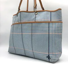 ローレンラルフローレン トートバッグ チェック柄 水色 キャンバス レザー 中古